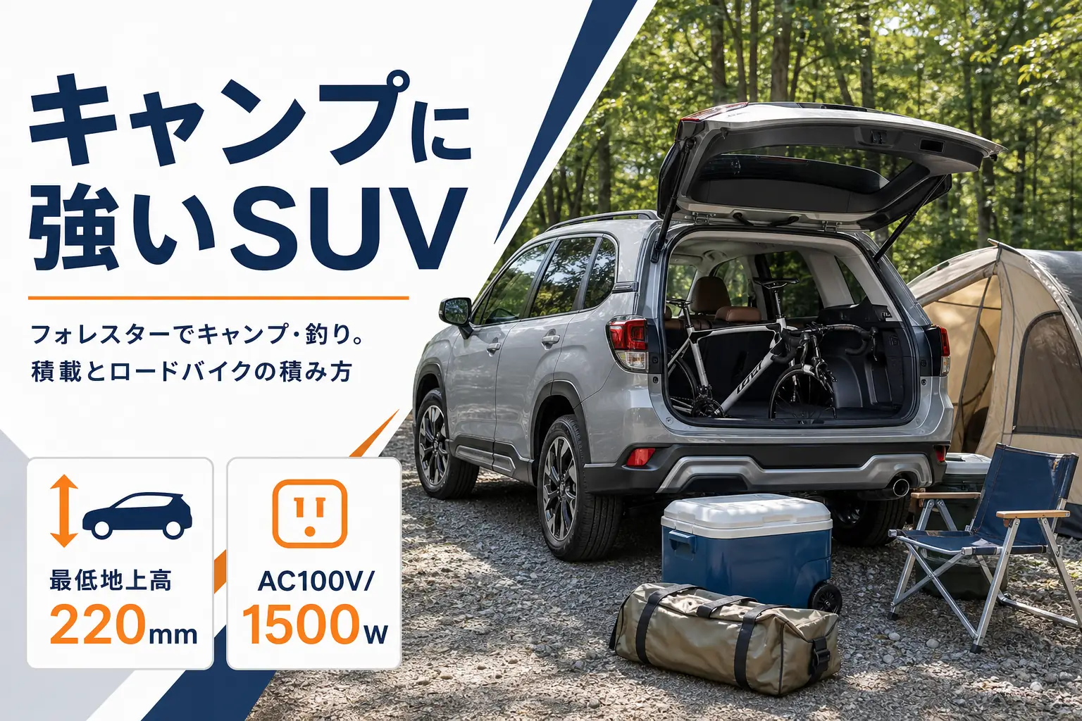 キャンプサイトでリヤゲートを開けたフォレスターと、積み込んだキャンプ道具のイメージ