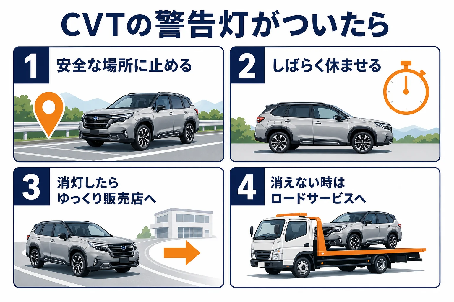 フォレスターのCVTに関わる警告灯がついた時の対処の流れを示した図解