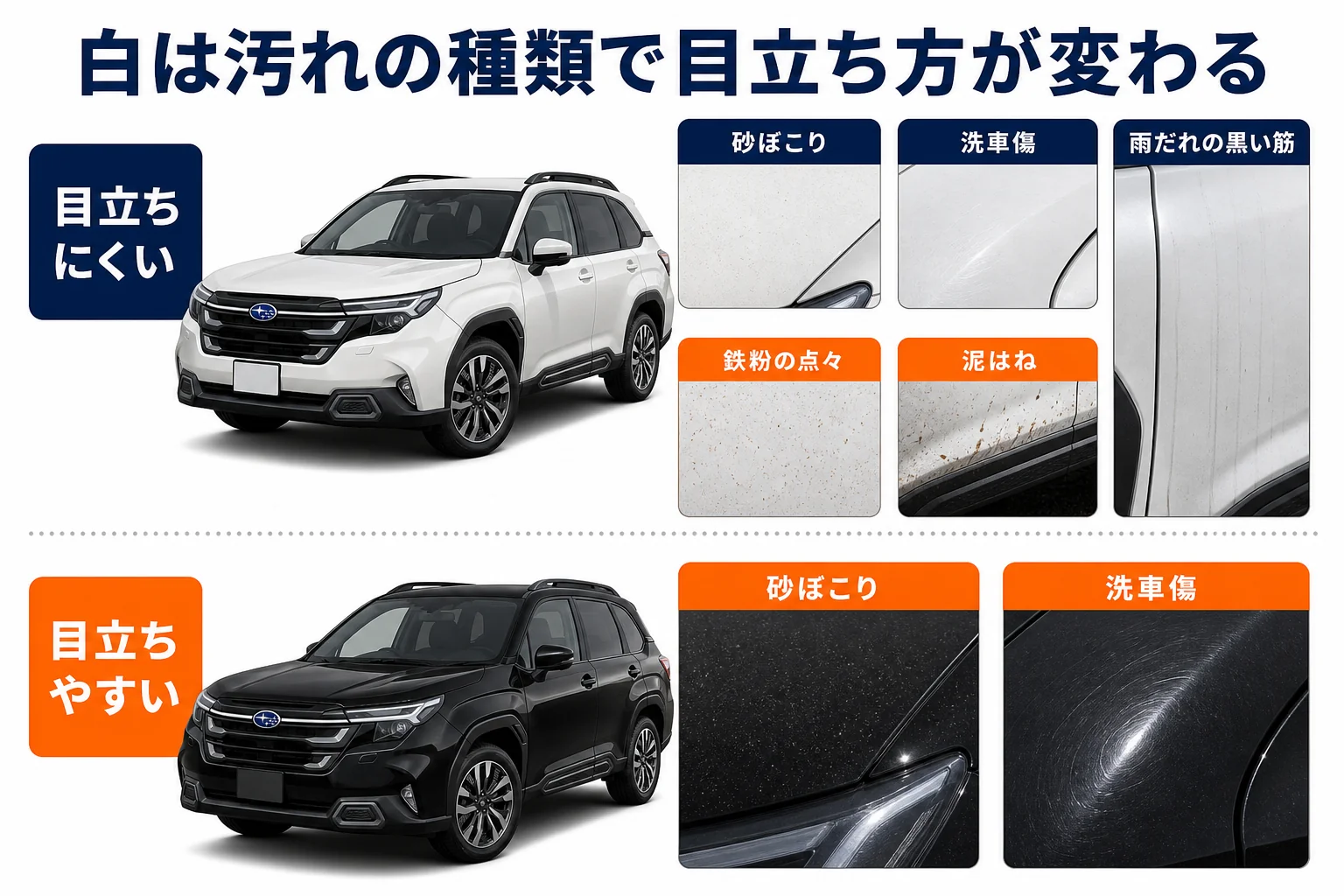 白・黒・シルバーで汚れの種類ごとの目立ち方を比べた図解