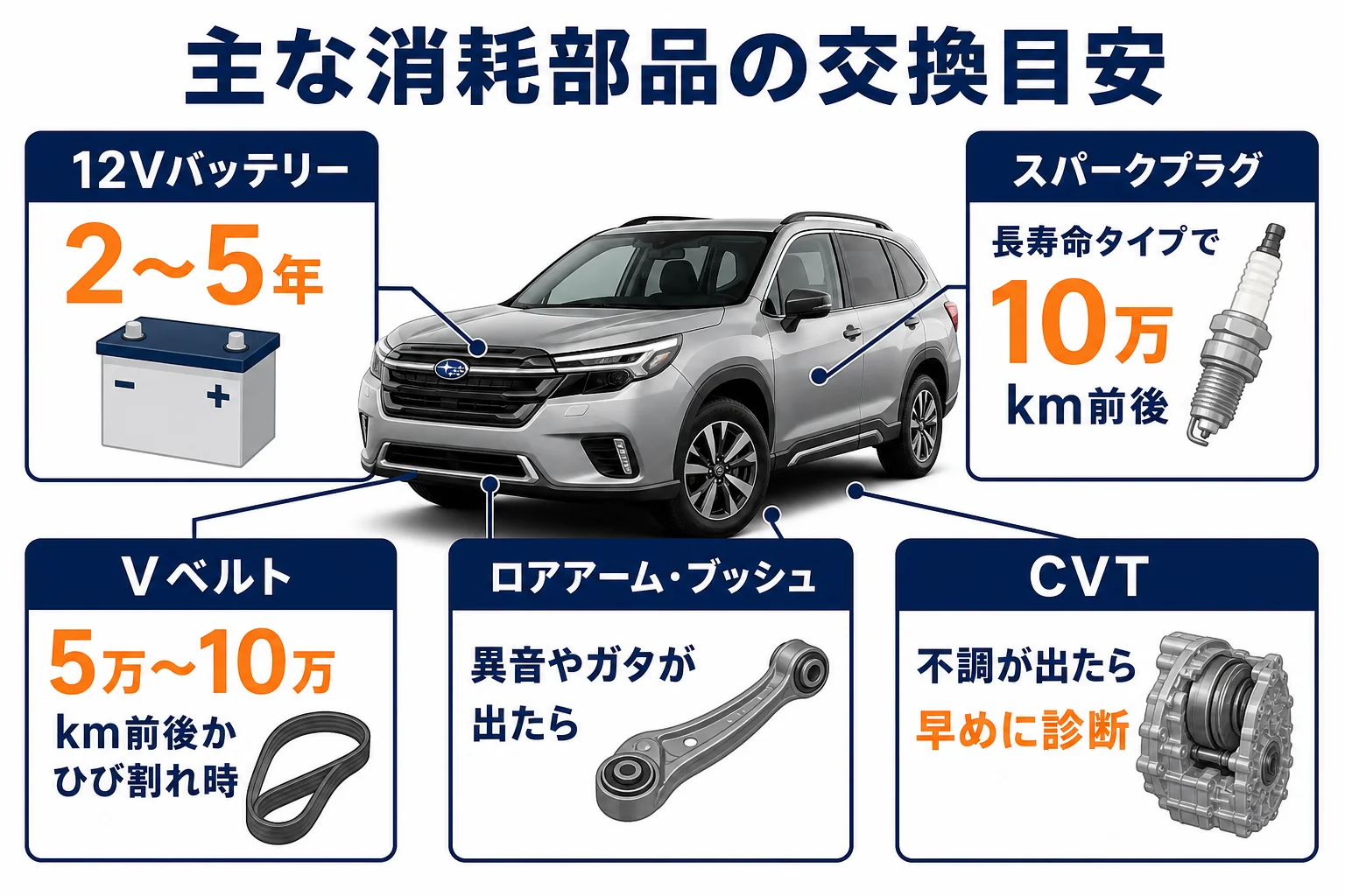 フォレスターの主な消耗部品の交換目安と費用の考え方を並べた図解