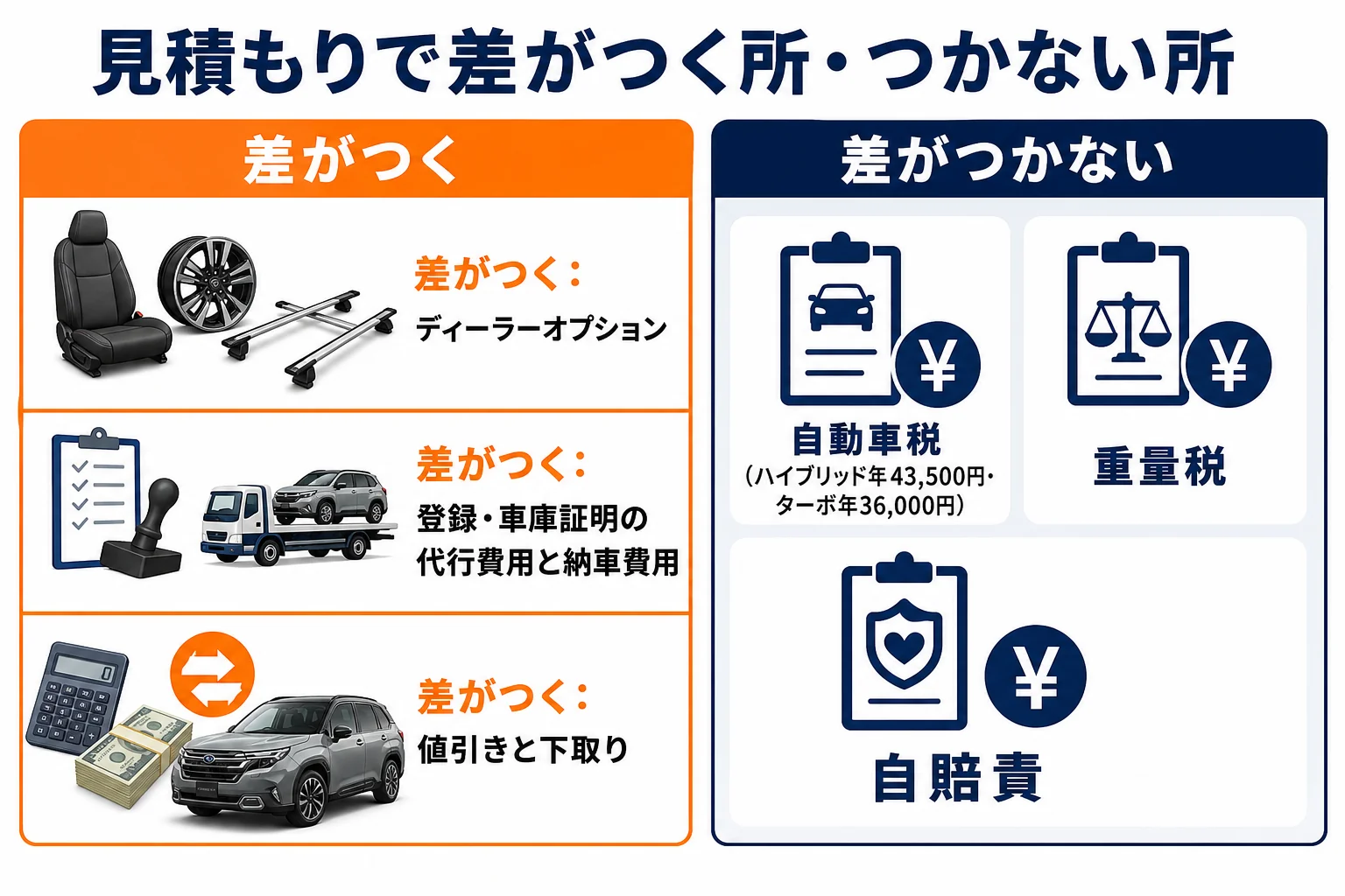 フォレスターの見積書で店ごとに差がつく項目とつかない項目を分けた比較図