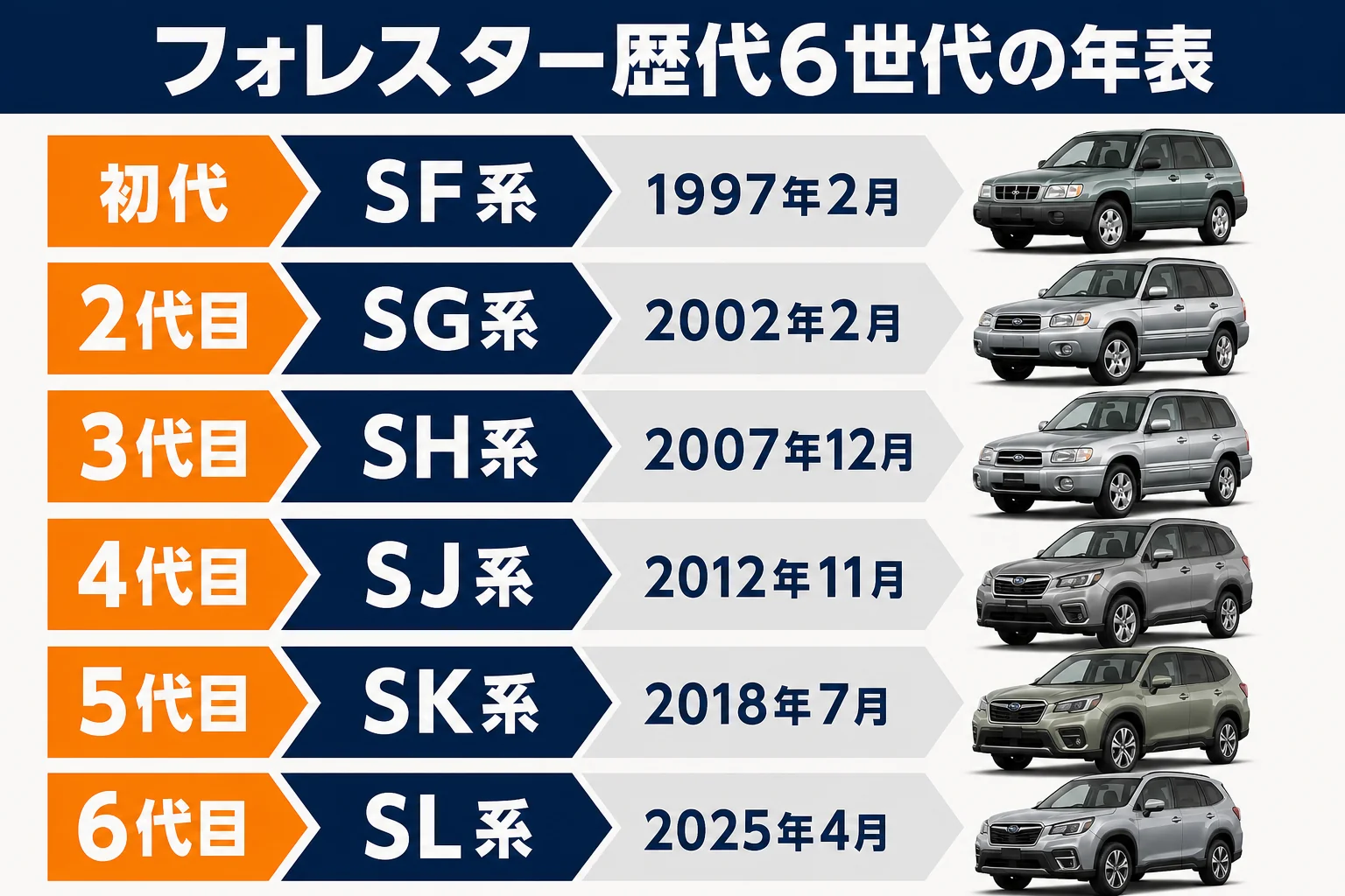 フォレスター歴代6世代の型式と発売年を並べた年表の図解