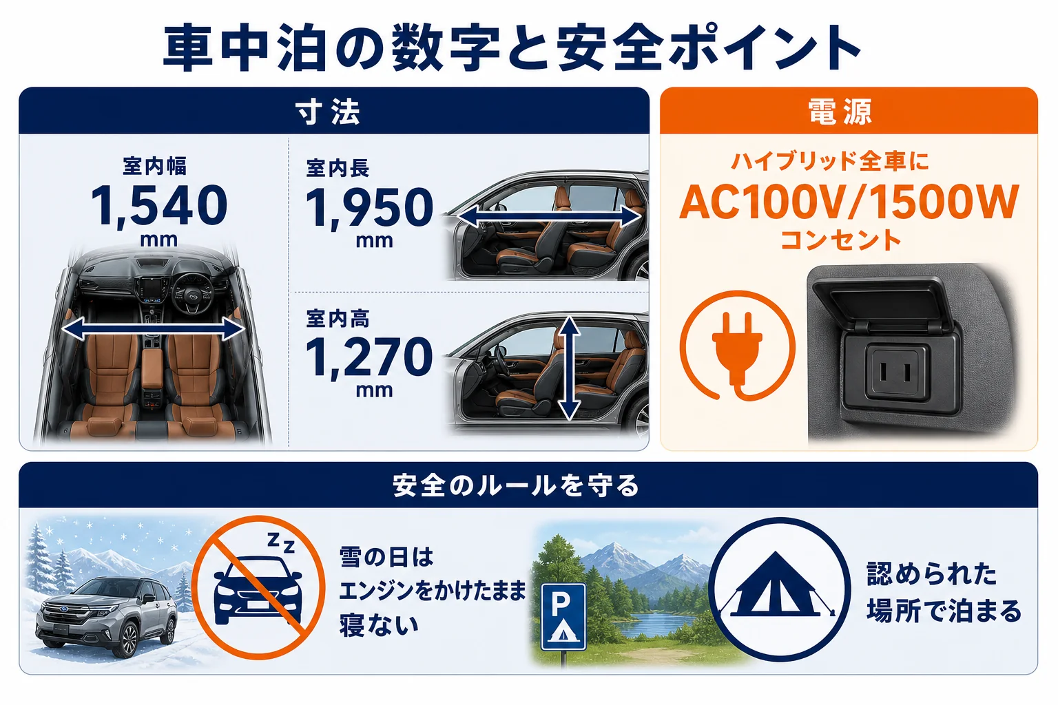フォレスターで車中泊するときの装備と安全のポイントの図解
