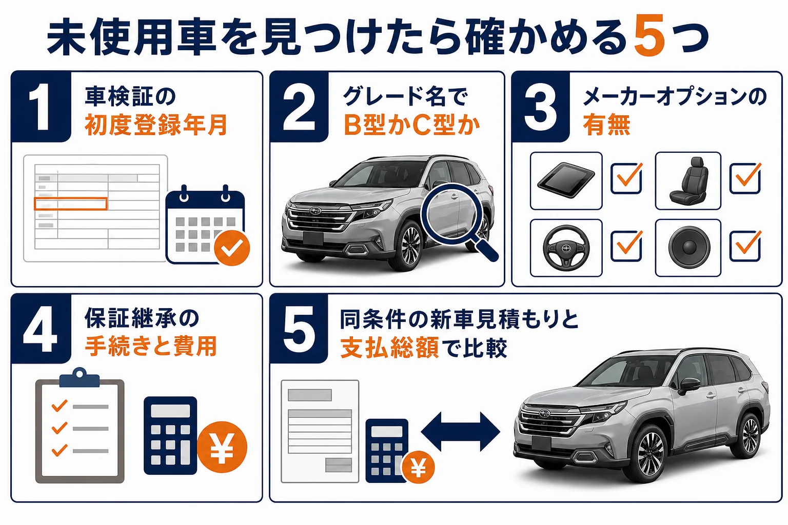 フォレスターの未使用車を見つけた時に確かめる5つの項目を順番に並べた図解