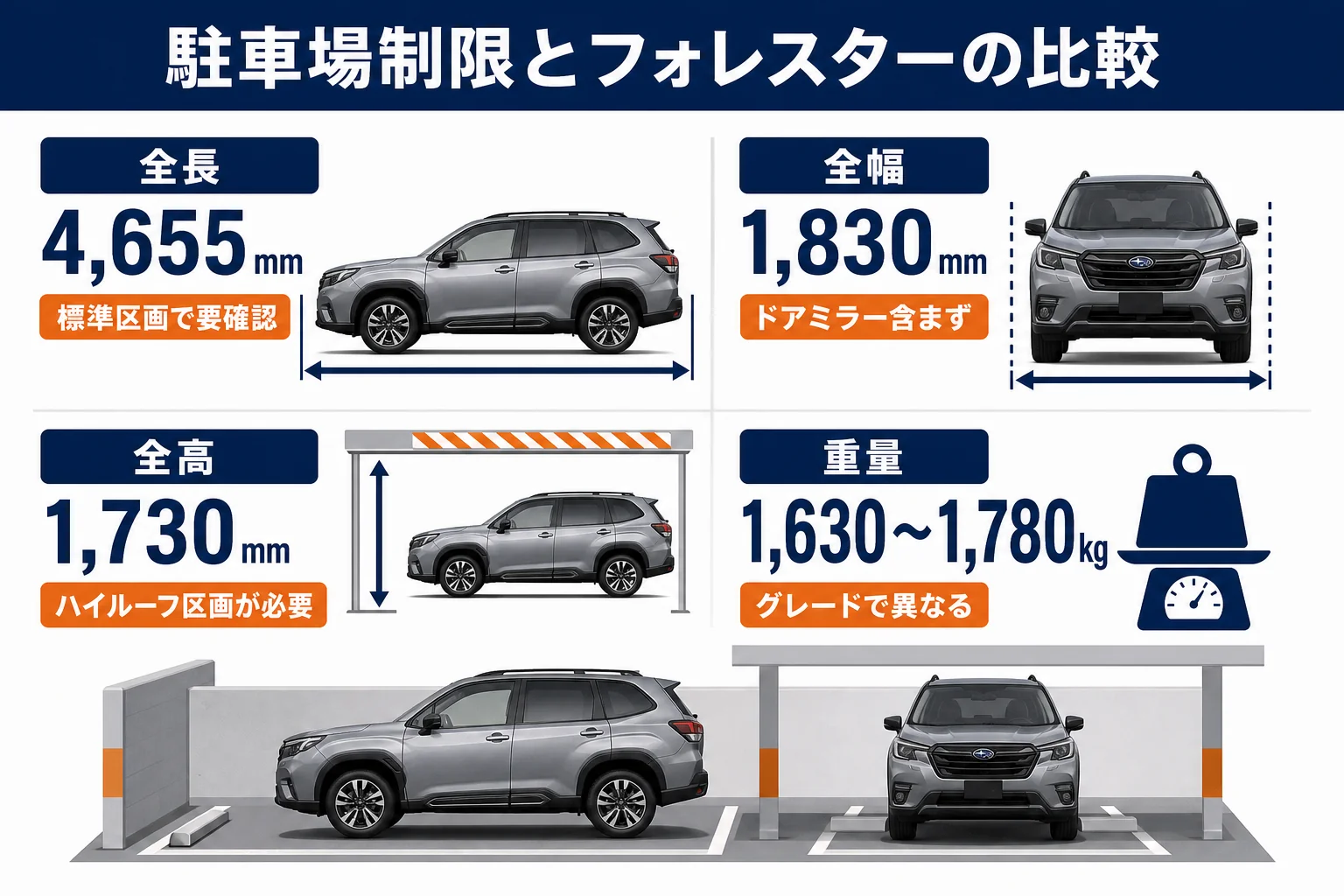 フォレスターの全長・全幅・全高・重量と駐車場制限を比較した図解