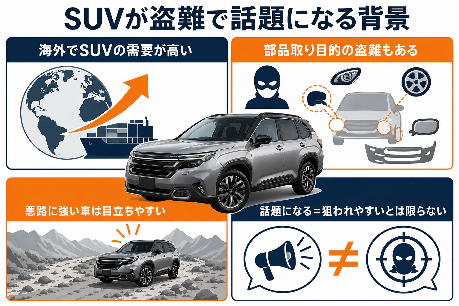 SUVが海外で人気・部品需要・悪路性能などで盗難の話題になりやすい背景をまとめた図解