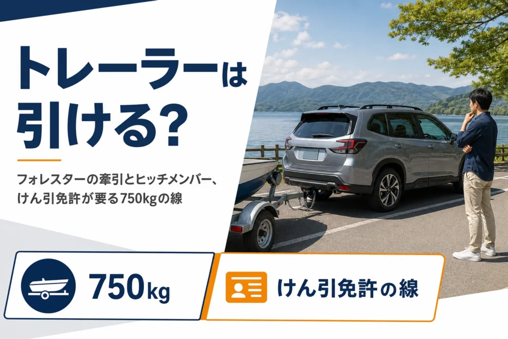 フォレスターにヒッチメンバーで小型トレーラーをつないだイメージ