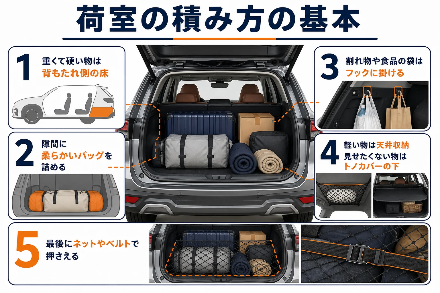 フォレスターの荷室で、フック・トノカバー・天井収納を組み合わせた積み方の図解