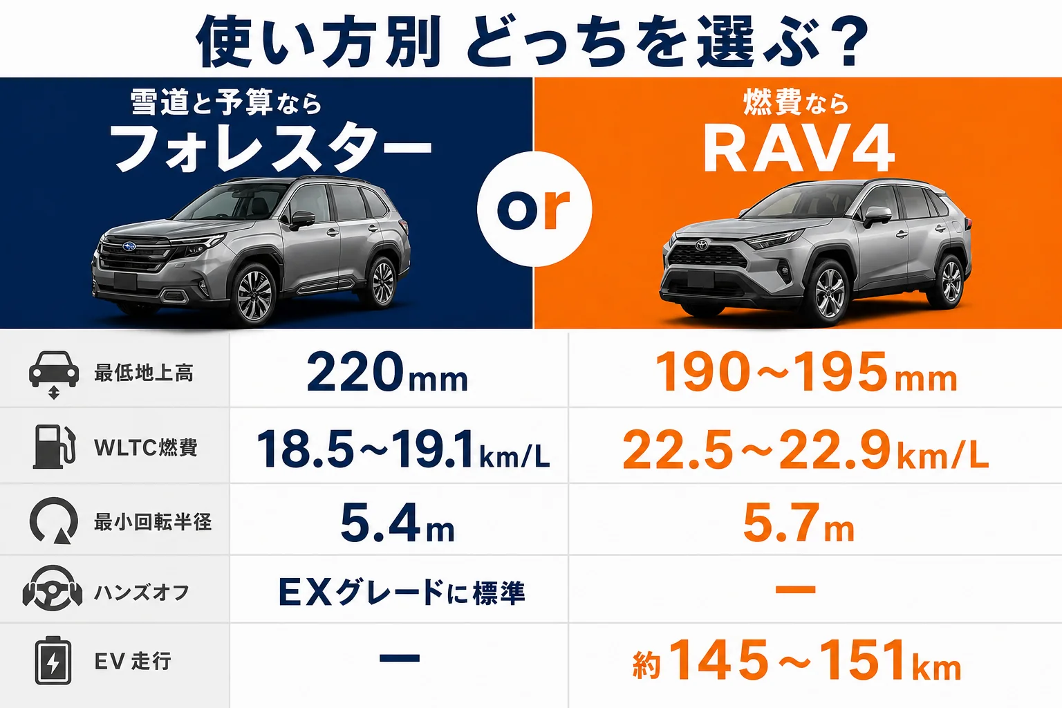 使い方別にフォレスターとRAV4のどちらが合うかを示した図解
